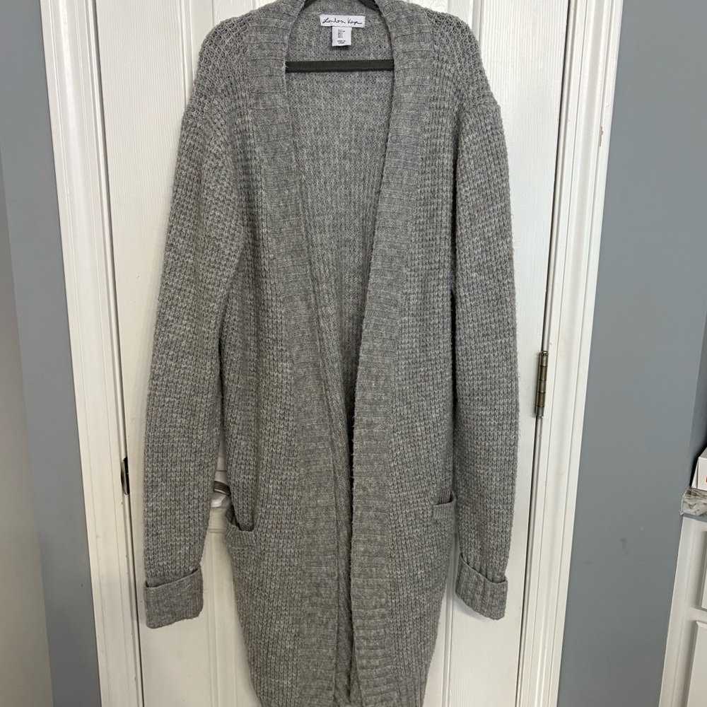 Women’s Grey Long Open Waffle Knit Cardigan Sweater Cottage Core Coquette, L